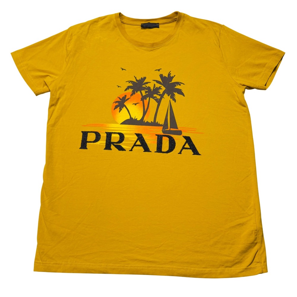Prada Graphic T Shirt Mens XL FW19 2019 Yellow Tropical Sailboat Made Italy